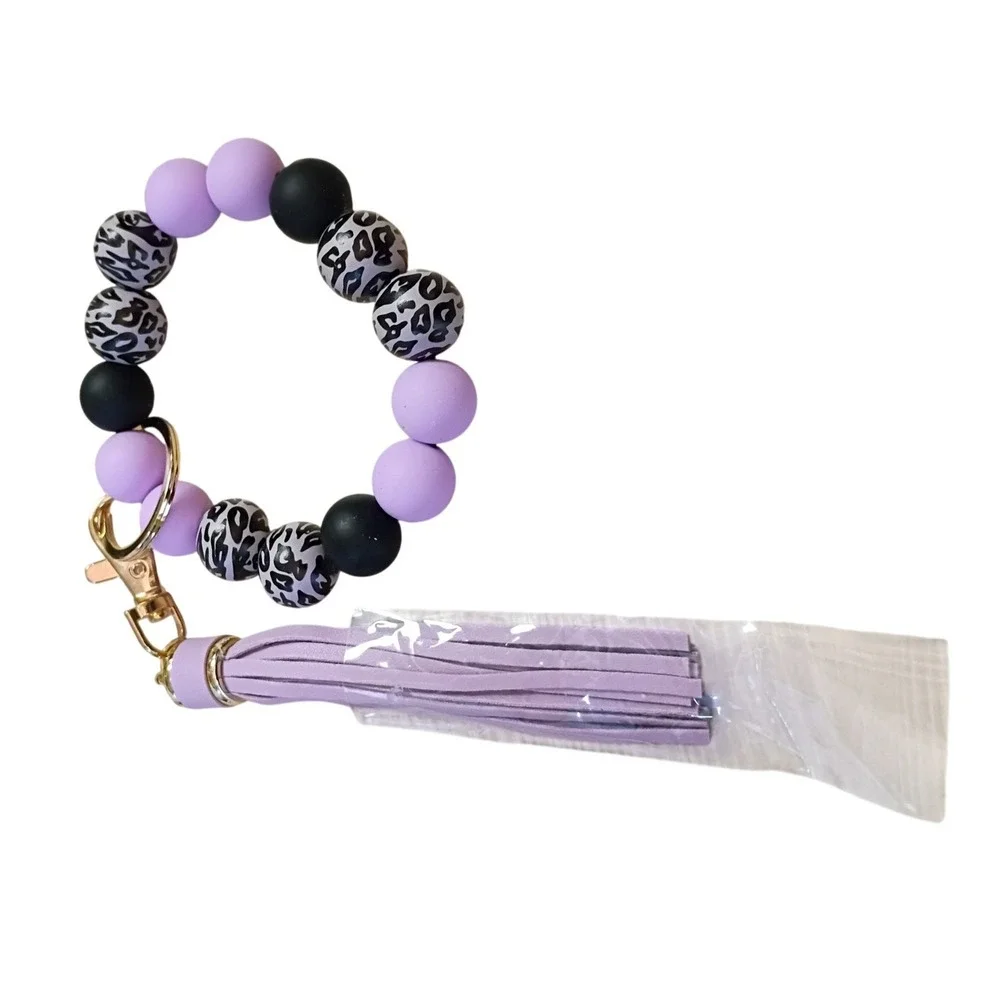 Leopard Print‎ Silicone Bead Wristlet Keychain with Lavender Tassel Gold Tone